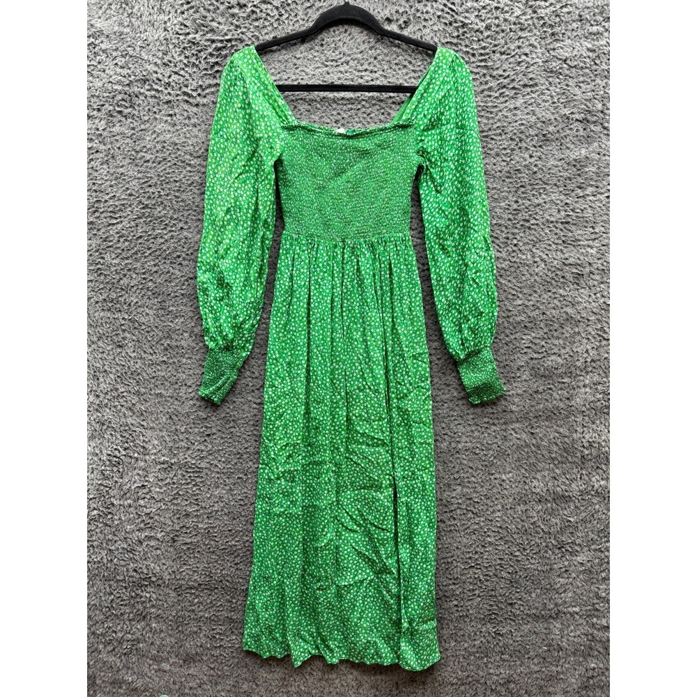 Rixo Marie Floral Print Silk Blend Long Sleeve Midi Dress Green Womens Size S